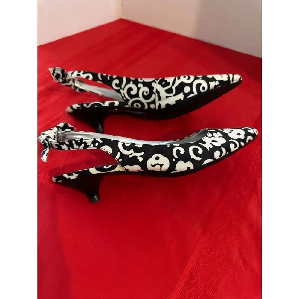 Anne Klein Iflex Black/White Floral Slingback Kitten Heel Pumps w/Bows